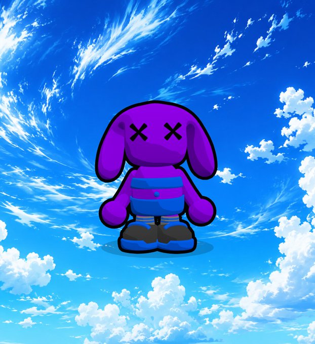 A purple cartoon-style character with floppy dog-like ears and X-shaped eyes floats against a bright blue sky filled with white clouds, wearing blue and purple clothing.