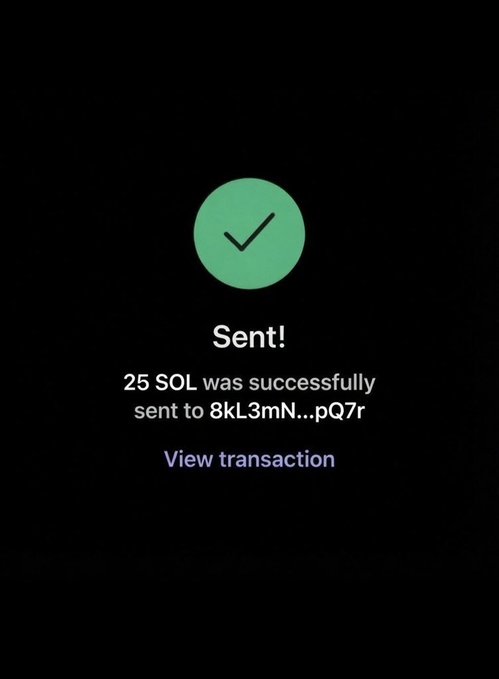 A dark mobile app screen confirming 'Sent! 25 SOL was successfully sent to 8kL3mN...pQ7r' with a green checkmark.