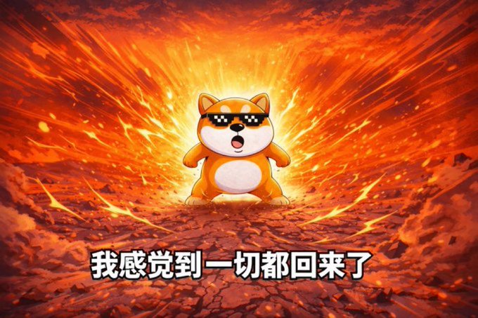 A meme featuring a Shiba Inu dog wearing sunglasses and standing in an explosion, with Chinese text at the bottom reading '我感觉到一切都回来了' (I feel like everything is back).