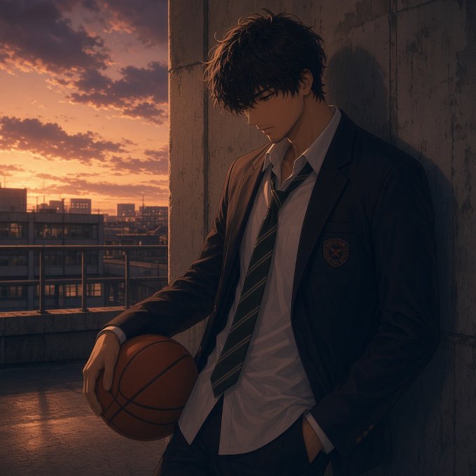 An anime-style illustration of a young man in a school uniform leaning against a concrete wall, holding a basketball at sunset.