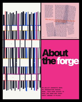A vibrant graphic design poster features bold typography reading "About the forge" alongside abstract black, white, and blue barcode-like patterns and a pink section with scattered text blocks. The piece appears to be part of an art mint collection, showcasing the creative and thought-provoking style that aligns with the post's praise for imaginative artwork.