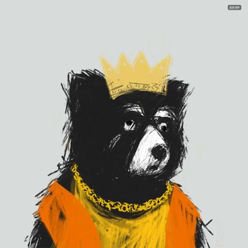 Stylized illustration of a black bear wearing a yellow 'Los Angeles' crown, a gold chain, and an orange shirt.