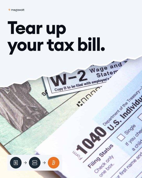 A Megawatt Tax advertisement with the headline 'Tear up your tax bill,' showing a torn paper reveal of W-2 and 1040 U.S. Individual tax forms.