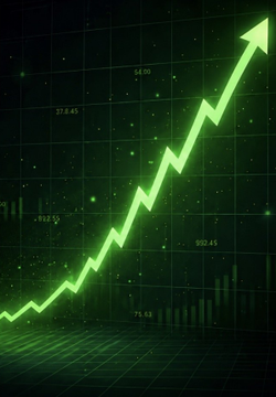A digital graphic shows a bright green ascending arrow charting financial growth over a grid background with visible data points like 64.00 and 220.45.