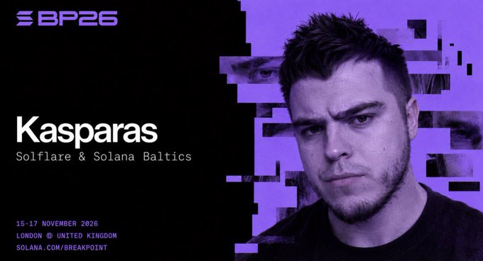 Promotional graphic for BP26 Breakpoint 2026 (15-17 November, London, United Kingdom) featuring speaker Kasparas from Solflare & Solana Baltics, set against a purple-tinted portrait with glitch effects.