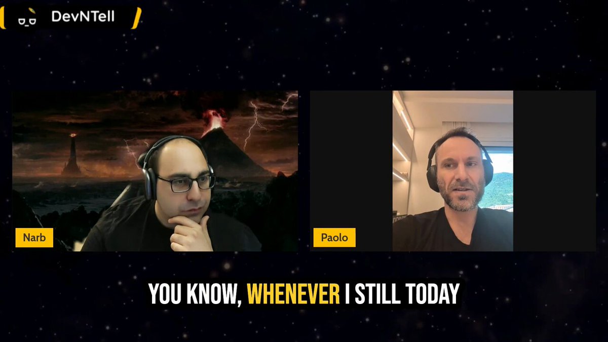 The image shows a computer screen with two men's faces, one of whom has headphones on their head. The man wearing headphones appears to be talking or listening to something while the other man looks at him. Below this image, there is text that reads "You know, whenever I still today".