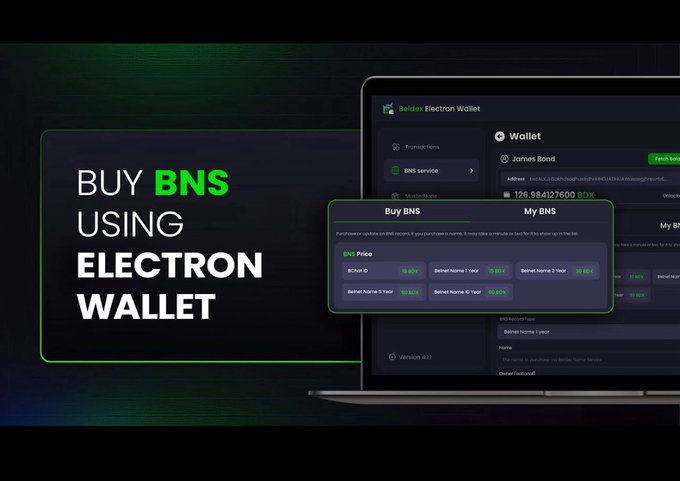 A promotional graphic for 'BUY BNS USING ELECTRON WALLET' showing a Beldex Electron Wallet interface on a laptop screen with BNS purchase options.