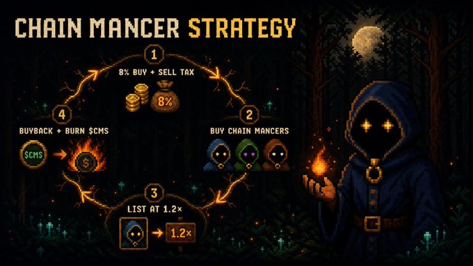 An infographic titled 'CHAIN MANCER STRATEGY' detailing a 4-step crypto token plan involving 8% buy/sell tax, buying chain mancers, listing at 1.2x, and buyback/burn SCMs, alongside an illustration of a hooded mystical figure.
