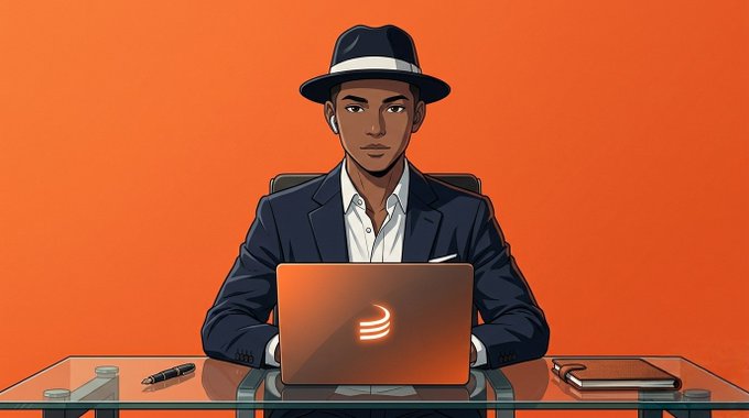 A digital illustration of a stylish man in a suit and fedora hat sitting at a desk with an orange laptop displaying a logo, set against a bright orange background.
