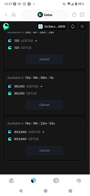 Mobile screenshot of the Cetus exchange showing pending token swap transactions including 120 xCETUS→CETUS, 99,000 xCETUS→CETUS, and 603.840 xCETUS→CETUS.