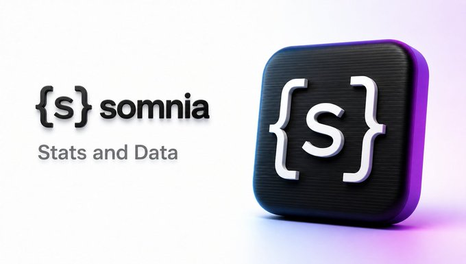 A 3D logo and text for "somnia" with the tagline "Stats and Data", featuring a black and purple icon with an "S" enclosed in curly braces.