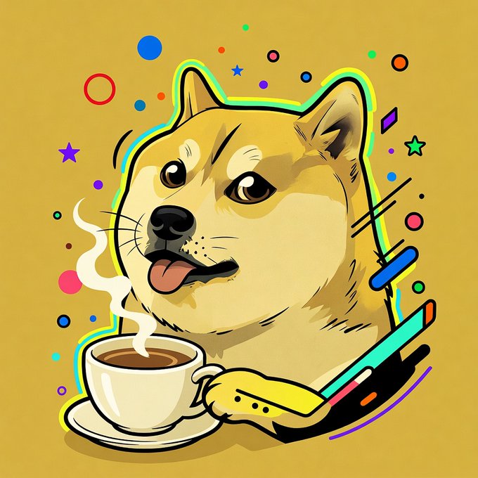 A cartoon-style illustration of a Shiba Inu dog holding a steaming cup of coffee, set against a mustard yellow background with colorful confetti shapes and a glowing neon outline.
