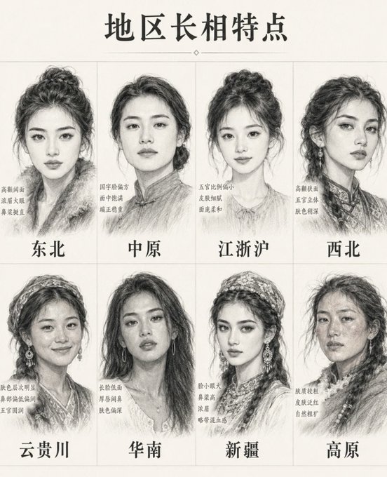 Pencil sketch chart titled '地区长相特点' showing eight Chinese women representing different regions: 东北, 中原, 江浙沪, 西北, 云贵川, 华南, 新疆, and 高原, each with descriptive text about their regional features.