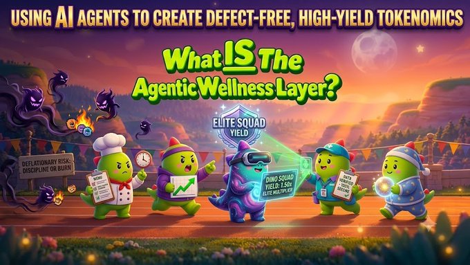 A promotional banner titled 'USING AI AGENTS TO CREATE DEFECT-FREE, HIGH-YIELD TOKENOMICS' asking 'What IS The Agentic Wellness Layer?' featuring cartoon character mascots and labels like 'ELITE SQUAD YIELD' and 'DINO SQUAD YIELD'.