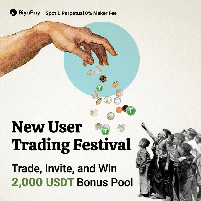 BiyaPay promotional banner for a 'New User Trading Festival' featuring 'Spot & Perpetual 0% Maker Fee', with 'Trade, Invite, and Win 2,000 USDT Bonus Pool' over a vintage illustration of a hand dropping coins to a crowd.