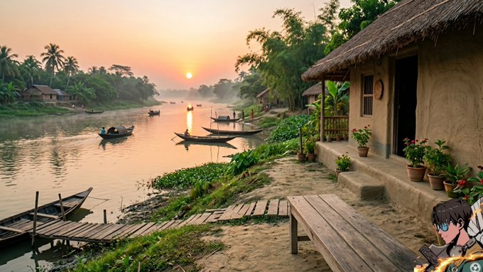 The image features a serene scene by a river with boats, including canoes and motorboats, floating along its banks. The sun is setting over the water, creating a beautiful backdrop for the scene. In front of one of these boats, there's a person sitting on a bench, possibly enjoying the view or taking a break from their activities. A potted plant is also present in the image, adding to the overall ambiance and aesthetics of the location.