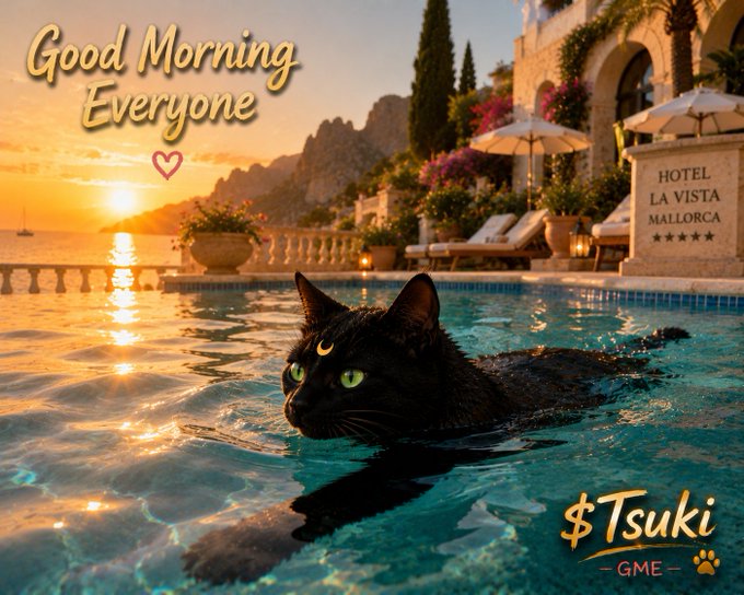 A scenic image features a black cat with a crescent moon marking on its forehead swimming in a pool at sunset, with 'Good Morning Everyone', '$Tsuki GME', and a 'HOTEL LA VISTA MALLORCA' sign visible.