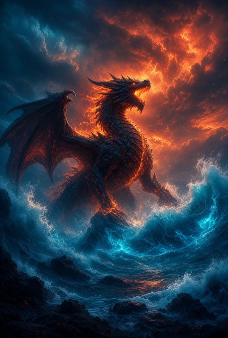 A fantasy digital artwork of a dragon emerging from stormy seas with fire blazing from its mouth against a dramatic sky.