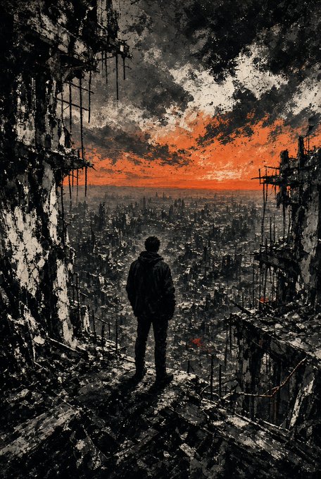 A dark, post-apocalyptic illustration showing a solitary figure in a hooded jacket standing on a ledge, overlooking a destroyed cityscape under a dramatic red and orange sky.