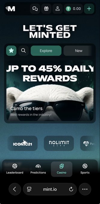 A mobile screenshot of the mint.io website showing 'LET'S GET MINTED' with a 'UP TO 45% DAILY REWARDS' promotion featuring a bear wearing sunglasses, and navigation tabs for Casino, Sports, Leaderboard, and Predictions.