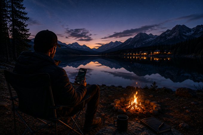 A person sits by a campfire at twilight beside a mountain lake, checking their phone. The image pairs with the message to contrast the comfort of daily life (income) with the deeper pursuit of long-term financial freedom through investing.