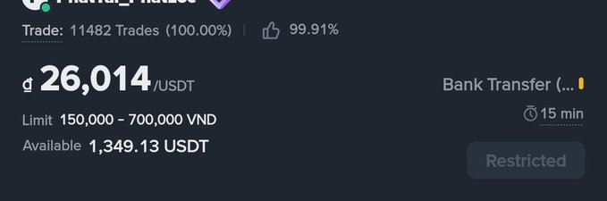 A Binance P2P trading interface showing a USDT trade at 26,014 VND/USDT with a 150,000 - 700,000 VND limit via Bank Transfer, marked as 'Restricted'.