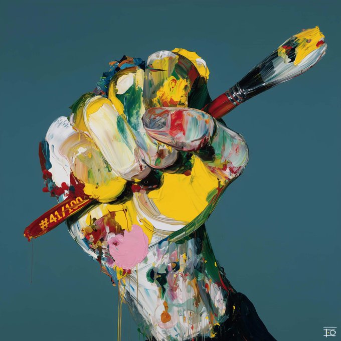 An abstract expressionist painting of a yellow hand holding a paintbrush, featuring vibrant colors, drips, and the text "#41/100".