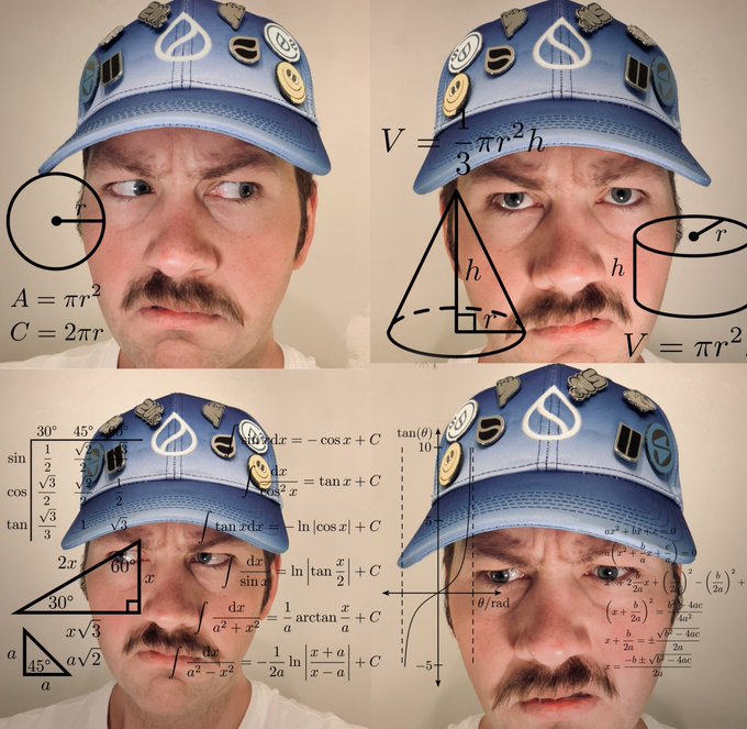 The image features a man wearing a blue baseball cap with various math equations and diagrams printed on it, including V = 3r + h and V = 2πh. The man appears to be confused or puzzled by these equations, which could indicate that he is trying to understand their meaning or relevance in the context of his life.