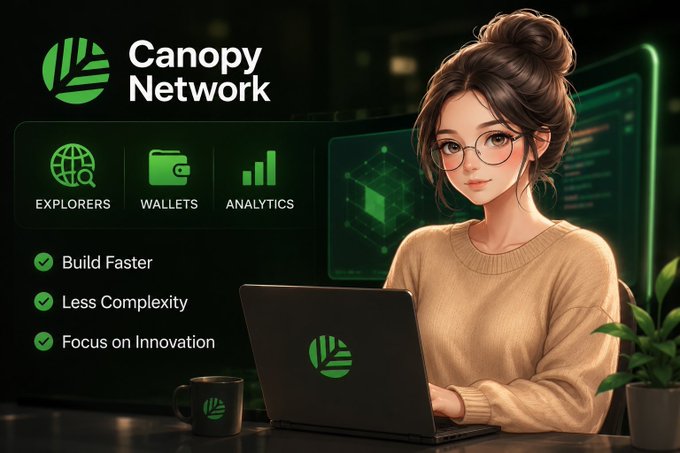 A promotional graphic for 'Canopy Network' featuring an anime-style woman at a laptop, highlighting features like 'Explorers,' 'Wallets,' 'Analytics,' 'Build Faster,' 'Less Complexity,' and 'Focus on Innovation.'