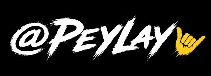 The image displays a stylized banner with the text "@PEYLAY" in white brushstroke lettering alongside a yellow "shaka" hand sign emoji on a black background. This serves as a personal branding or handle banner, likely tied to the post about showcasing individual identity in the DotLand project.