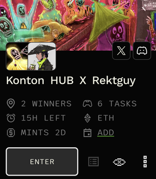 A mobile app screen titled "Konton HUB X Rektguy" displays details for an NFT giveaway offering 2 winners, 6 tasks, 15 hours left, with ETH rewards and minting in 2 days. The image visually supports the post's message by showcasing a specific NFT collaboration opportunity that allows users to participate without significant capital investment.