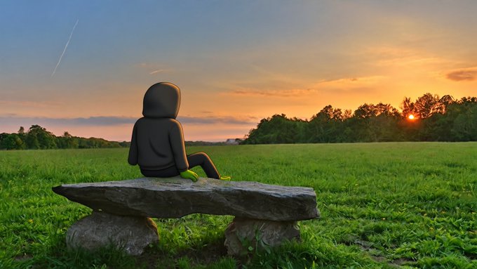 A 3D animated character in a hoodie sits on a stone bench in a grassy field, watching the sunset over a treeline.