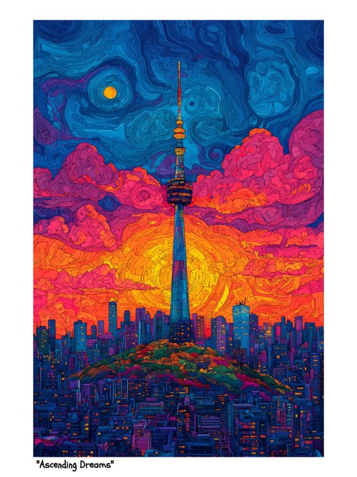 A vibrant, stylized digital illustration titled "Ascending Dreams" depicting the N Seoul Tower above a colorful cityscape under a swirling night sky.