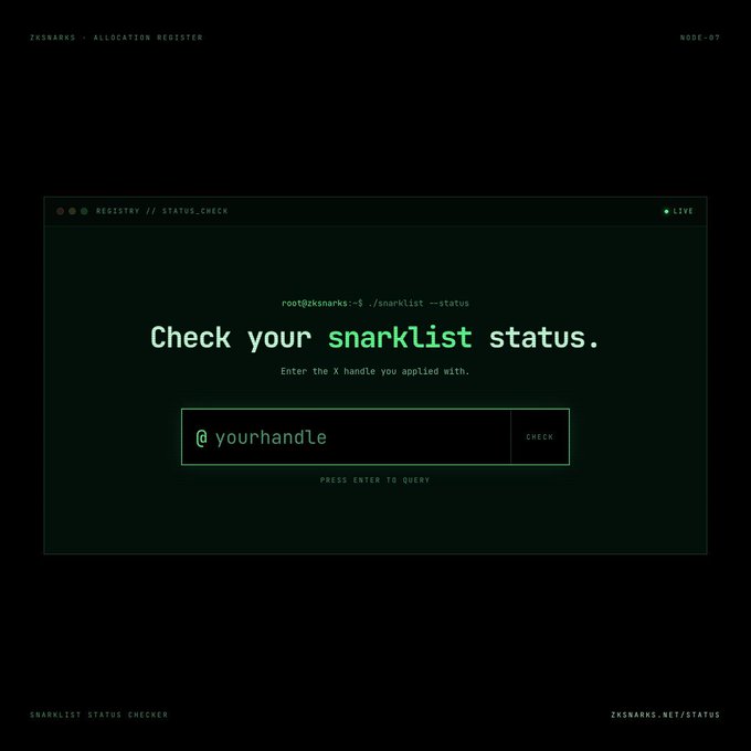 A terminal-styled "Snarklist Status Checker" interface with green text on a black background invites users to enter their X handle to query their application status via the command `root@zksnarks:~$ ./snarklist --status`, with a "CHECK" button and the URL zksnarks.net/status visible—directly matching the post's call-to-action for Zcash ($ZEC) community members to verify their 48-hour public application status or await nomination.