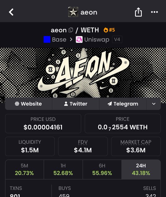 The image is of an online store called @aeon displaying its available stocks, including liquid assets for sale, cryptocurrency (ether), and some sort of game with a market cap value of $3.6m. The post is titled "Another @base play that I called for DCA in my channel showing strength today even tho trenches are kinda cooked I expect this one to do well especially with a little more volume and market pump dev @aaronjmars is building a very great lore. higher for @aeon".