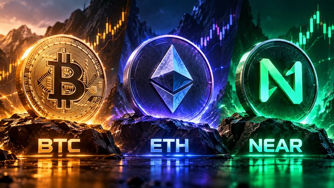 A digital artwork displaying three cryptocurrency coins—Bitcoin (BTC), Ethereum (ETH), and Near (NEAR)—prominently displayed against a mountainous backdrop with colorful chart graphs in the background.