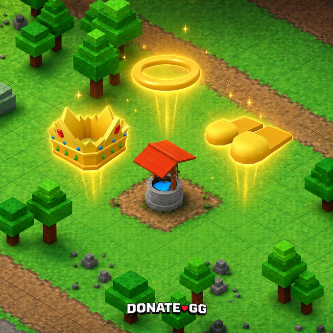 This image shows a wishing well surrounded by glowing virtual items: a halo, a crown, and golden slippers, likely representing raffle prizes. The text overlay at the bottom reads "DONATE❤️GG".