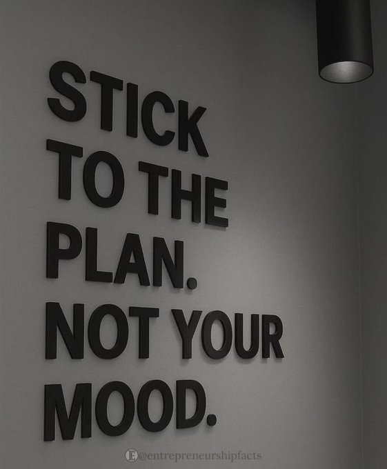 A motivational poster with black 3D lettering on a white wall reads "STICK TO THE PLAN. NOT YOUR MOOD." with the handle "@entrepreneurshipfacts" at the bottom, lit by a spotlight.