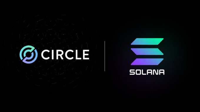 Collaboration graphic showing Circle and Solana logos side-by-side on a dark background.