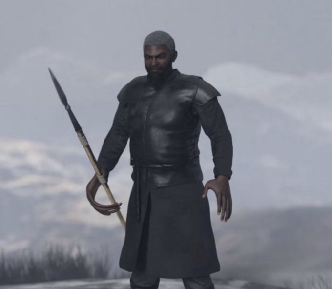 A 3D rendered character model of a bearded Black man with gray hair, wearing black medieval-style leather armor and holding a spear with a curved guard, standing against a misty mountainous background.