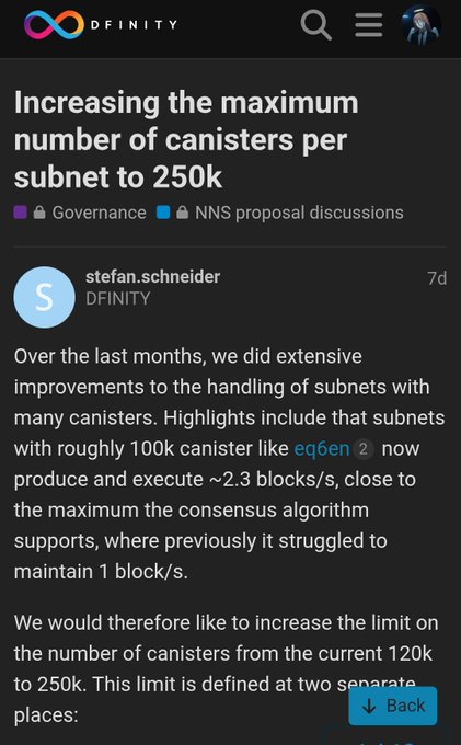 A screenshot from the DFINITY forum showing a governance post by stefan.schneider titled "Increasing the maximum number of canisters per subnet to 250k," proposing to raise the canister limit from 120k to 250k to support larger subnet scalability for projects like $ICP.