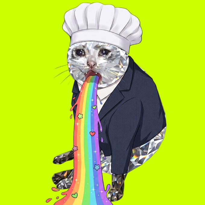 An illustration of a cat with a diamond-crystalline head and body, wearing a chef's hat and dark suit, vomiting a rainbow stream on a bright neon green background.