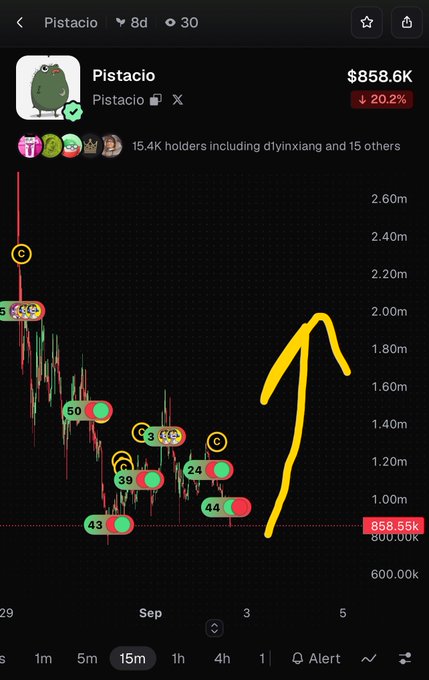 A cryptocurrency price chart for 'Pistacio' showing a value of $858.6K, down 20.2%, with a hand-drawn yellow arrow pointing upward.