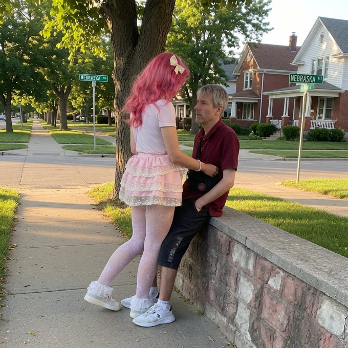 A woman with pink hair wearing a skirt stands next to a man who has dark brown hair and is wearing red shorts, smiling at her. They are standing close together near a brick wall or stone pillar, which serves as their backdrop for this candid moment captured on camera.