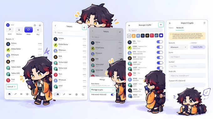 A series of UI mockups for a cryptocurrency wallet app displayed with an anime-style mascot character featuring dark hair and red accents.