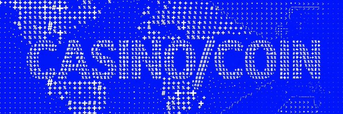 A vibrant blue graphic displays "CASINO COIN" in large white dotted/star-patterned text, reinforcing the post's gambling and risk-taking theme as it announces that $CASINO has launched on Robinhood Chain, framing crypto trading as a high-stakes game of chance and conviction.