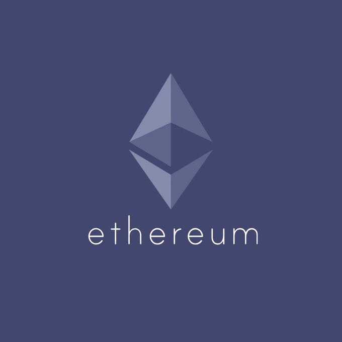 The Ethereum logo, featuring its distinctive diamond-shaped emblem, is displayed in light purple above the word 'ethereum' on a solid dark purple background.