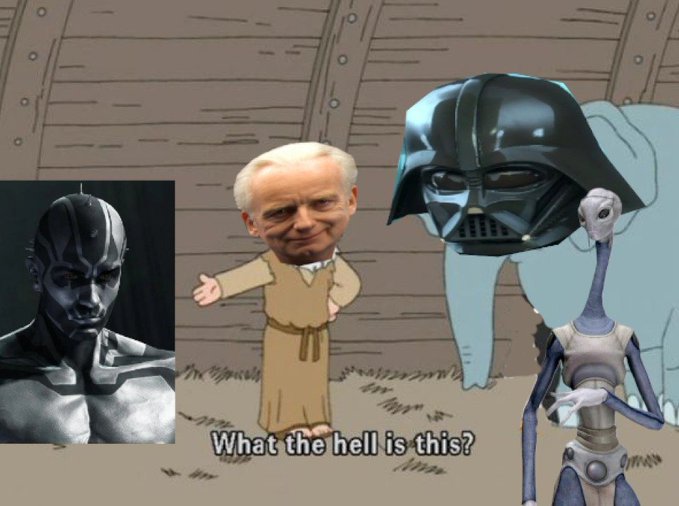 A meme image combining a silver metallic figure, a cartoon character with an elderly man's face in a robe, Darth Vader's helmet, and a robot, with the caption "What the hell is this?"