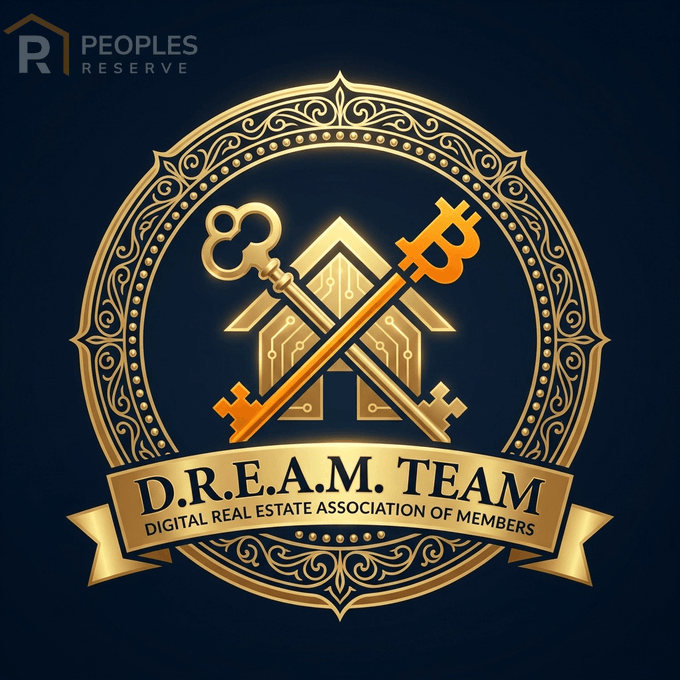 The image features a logo for a real estate association called D.R.E.A.M., which stands for Digital Real Estate Association of Members. The logo includes two keys crossed over each other, symbolizing the intersection between digital technology and real estate. The keys are placed inside a house, representing the connection between these two fields. The logo is displayed against a dark blue background with gold accents, giving it an elegant and sophisticated appearance. The text "DREAM. TEAM" is written in white below the logo, indicating that this association is dedicated to helping members achieve their dreams of owning real estate through innovative digital solutions.

The image also contains some text that reads: "Focus on what is in the image and how it relates to the post". This suggests that the D.R.E.A.M. team is interested in discussing or promoting a specific topic related to real estate, Bitcoin, or both.