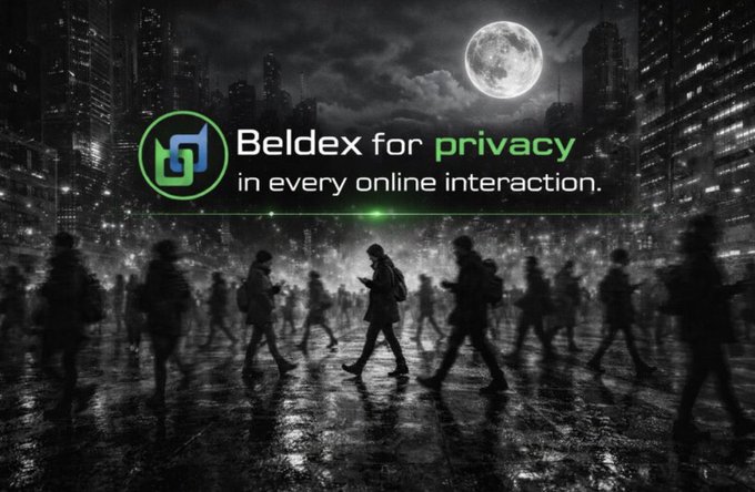 A dark cityscape with a full moon and silhouettes of people, overlaid with the text 'Beldex for privacy in every online interaction.'